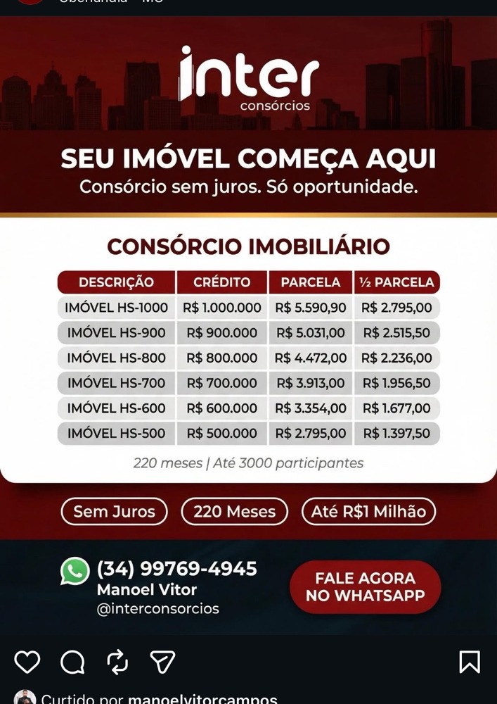 Tabela de planos para imóveis da Inter Consórcios